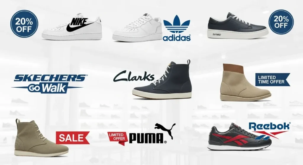 Top global footwear brands offering authentic shoe discounts — collage of Nike, Adidas, Clarks, Skechers, and more.