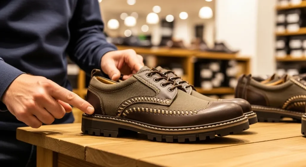 “High-quality non-branded shoes displayed by a shoe expert in a store, showing stitching and durable sole”