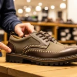 “High-quality non-branded shoes displayed by a shoe expert in a store, showing stitching and durable sole”
