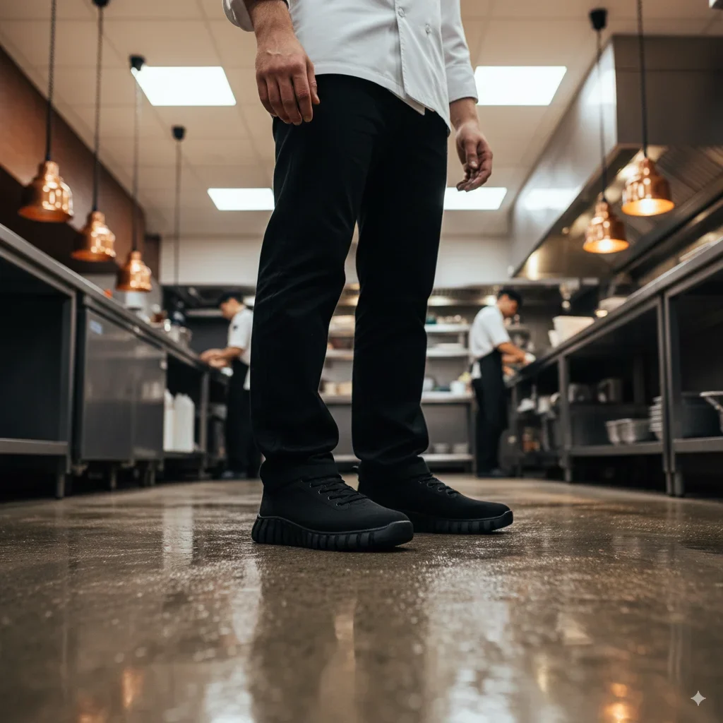 Professional restaurant staff wearing black non-slip sneakers in a modern kitchen, showing safety and comfort on wet floors.