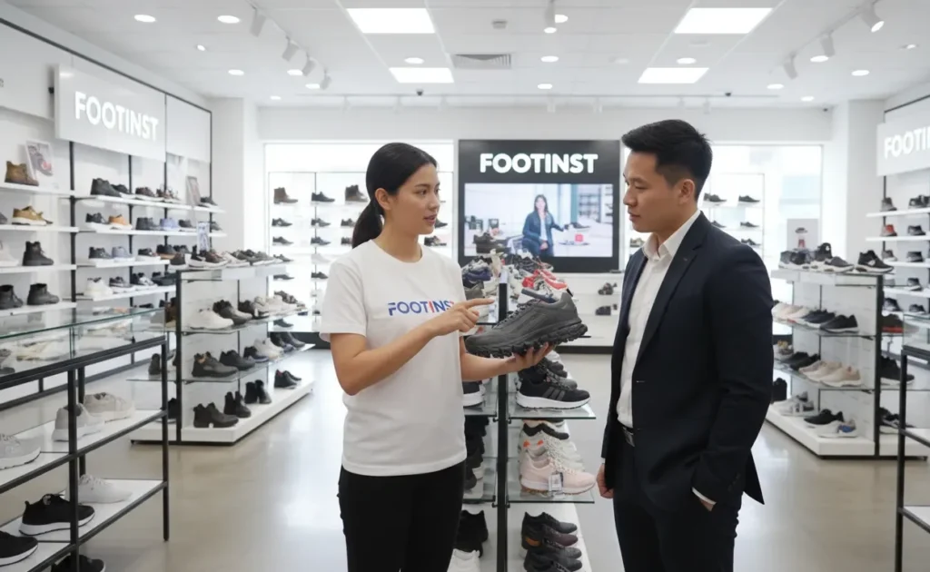 Footwear expert demonstrates most durable shoe soles to a customer in a flagship store
