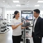 Footwear expert demonstrates most durable shoe soles to a customer in a flagship store