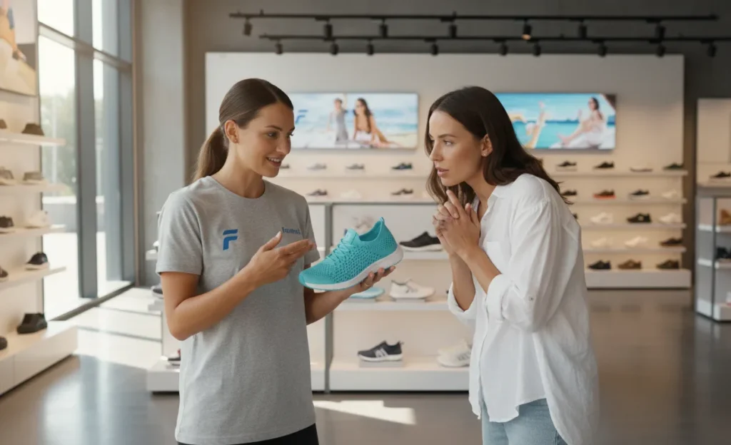 A female footwear expert in a branded T-shirt demonstrates lightweight, breathable summer mesh shoes to a customer inside a modern, spacious shoe store. Shoes are displayed in the background with bright lighting and an inviting store interior.