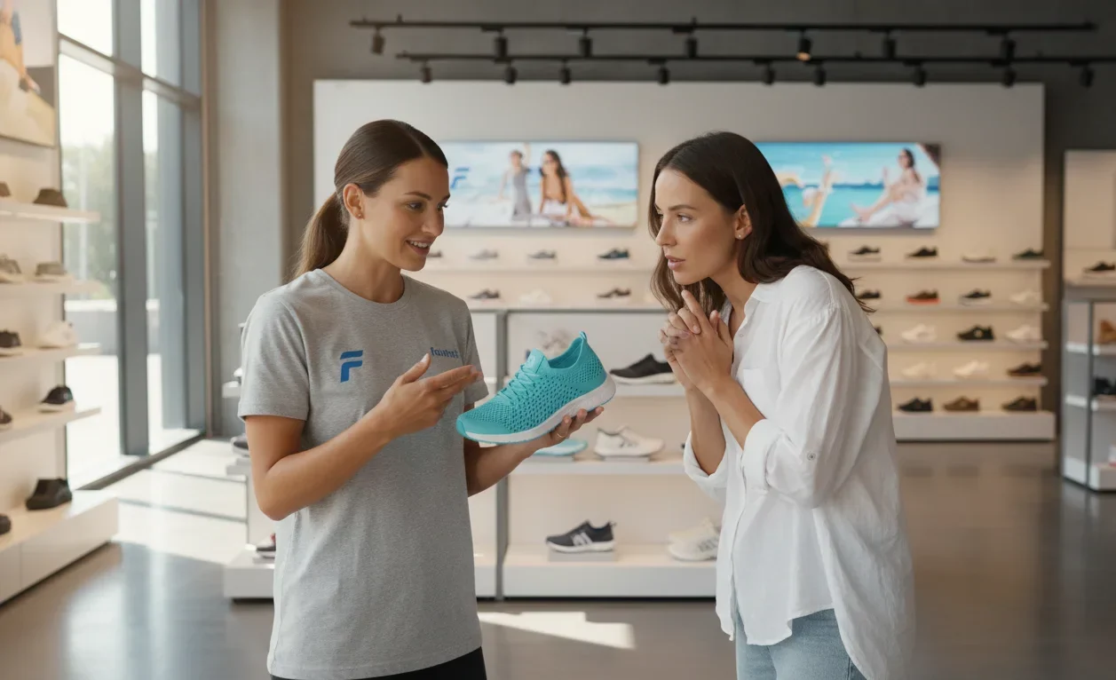 A female footwear expert in a branded T-shirt demonstrates lightweight, breathable summer mesh shoes to a customer inside a modern, spacious shoe store. Shoes are displayed in the background with bright lighting and an inviting store interior.