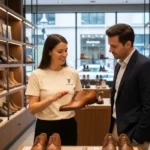 Female Footinst footwear expert in branded t-shirt demonstrating full-grain leather shoes to a customer in the flagship store, highlighting durability, breathability, and premium quality.
