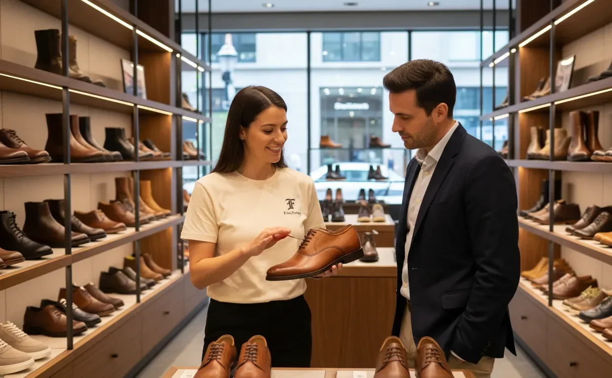 Female Footinst footwear expert in branded t-shirt demonstrating full-grain leather shoes to a customer in the flagship store, highlighting durability, breathability, and premium quality.