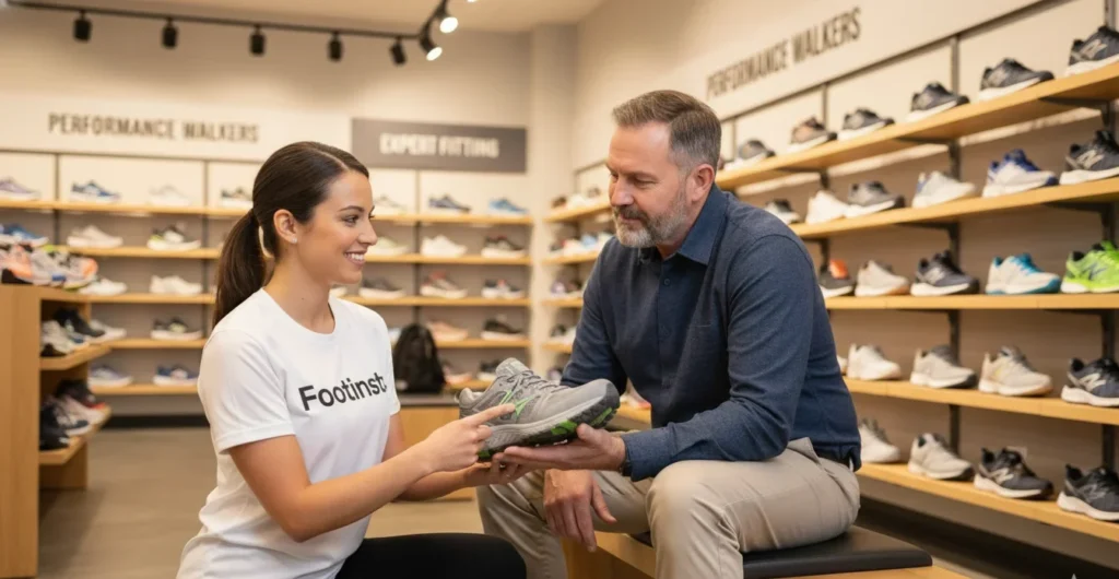Female shoe expert wearing a Footinst t-shirt helping a customer choose walking shoes inside a modern footwear store.