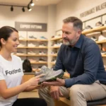 Female shoe expert wearing a Footinst t-shirt helping a customer choose walking shoes inside a modern footwear store.
