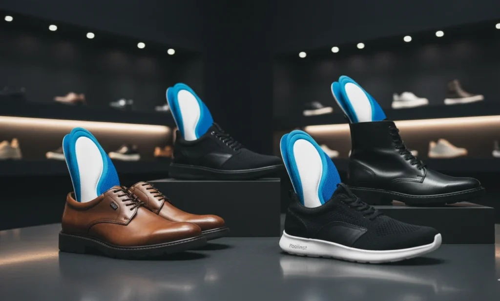 Work shoes, sneakers, and boots with cushioned insoles displayed in a dark-themed Footinst store, highlighting comfort for all-day standing.