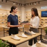 Female footwear expert in Footinst-branded t-shirt assisting a customer in a flagship store with breathable shoes and juta displayed on shelves