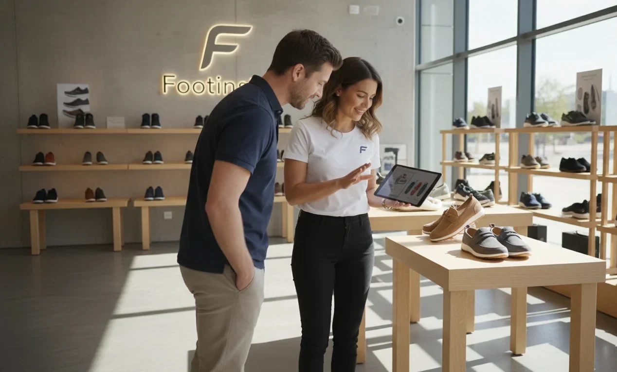 Footinst female footwear expert guiding a customer on suede leather shoes in flagship store with shoes displayed around.