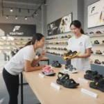 Female Footinst footwear expert in branded t-shirt showing various sports sandals to a customer in the flagship store, highlighting materials, comfort, and durability.