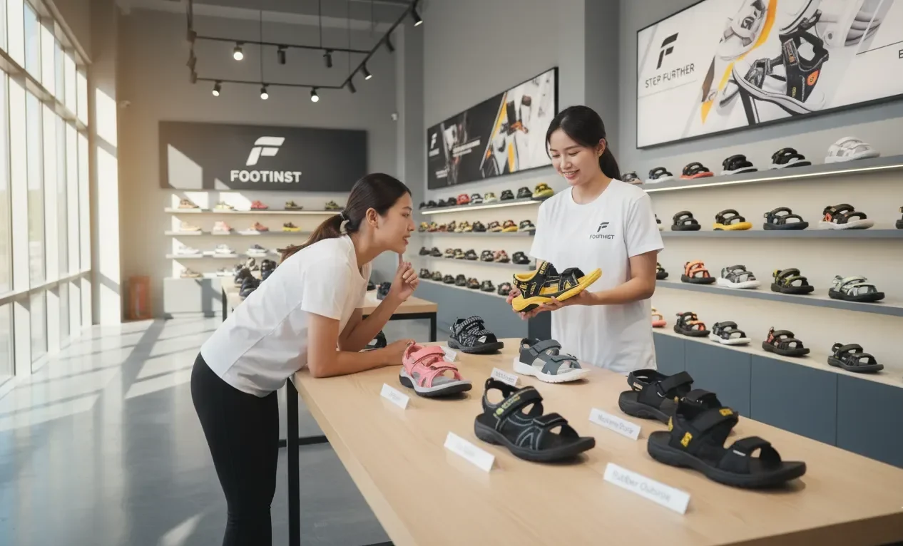 Female Footinst footwear expert in branded t-shirt showing various sports sandals to a customer in the flagship store, highlighting materials, comfort, and durability.