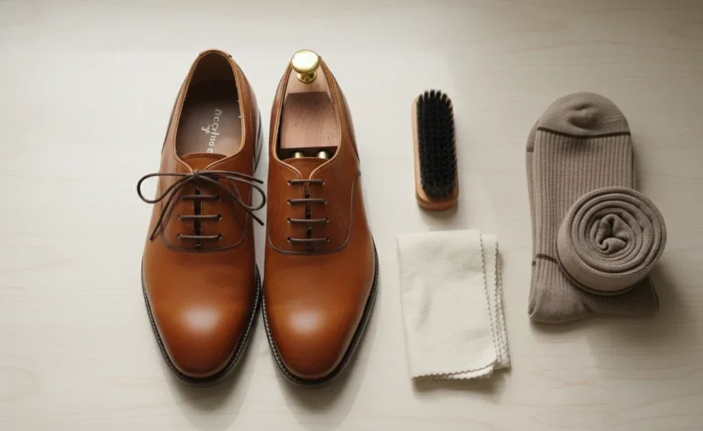 Brown leather shoes being stretched at home using a wooden shoe stretcher, showing practical tips to fix tight shoes naturally.