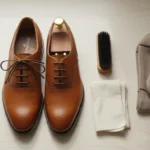 Brown leather shoes being stretched at home using a wooden shoe stretcher, showing practical tips to fix tight shoes naturally.