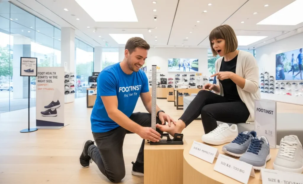 Footinst staff measuring a customer’s foot size in a shoe store to show the correct shoe fit.