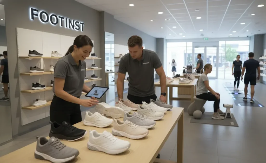 Footinst staff showing men’s and women’s walking shoes with comfort support and style features to customers in the flagship store