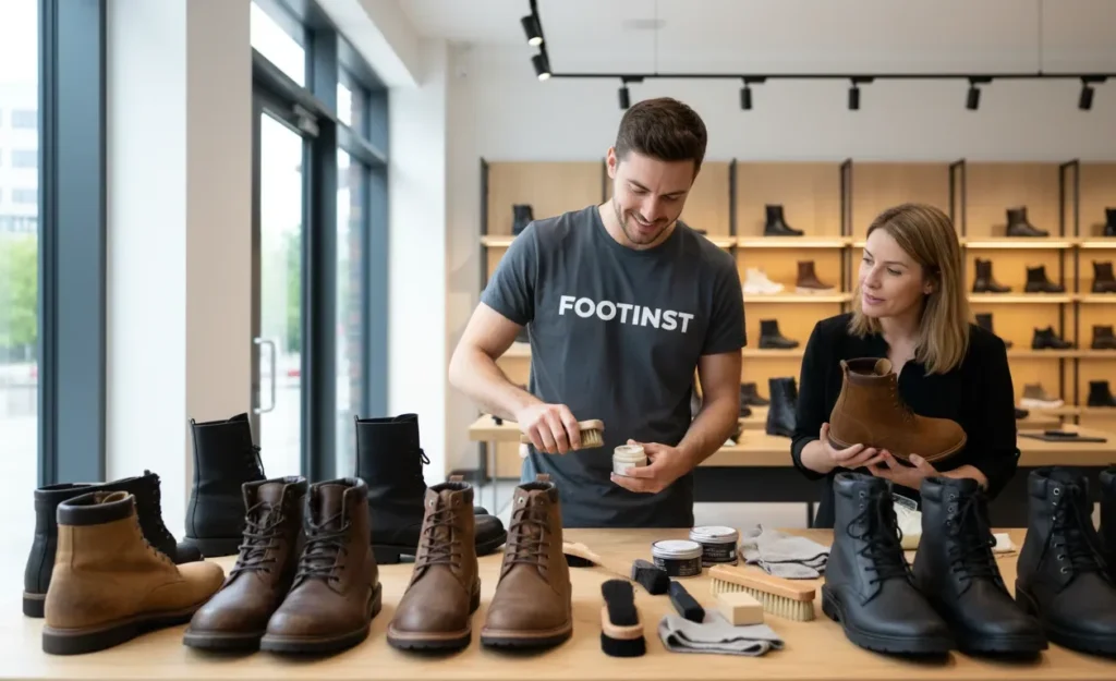 Footinst staff demonstrating cleaning techniques for various types of boots to a customer in the flagship store.