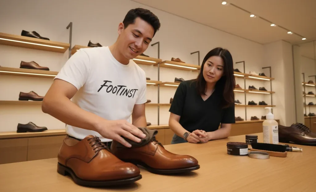 Footinst staff demonstrating proper cleaning and polishing of brown leather shoes to a customer in the flagship store.