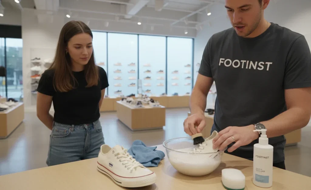 Footinst staff demonstrating safe cleaning of canvas and fabric shoes using brushes and cloths to a customer.
