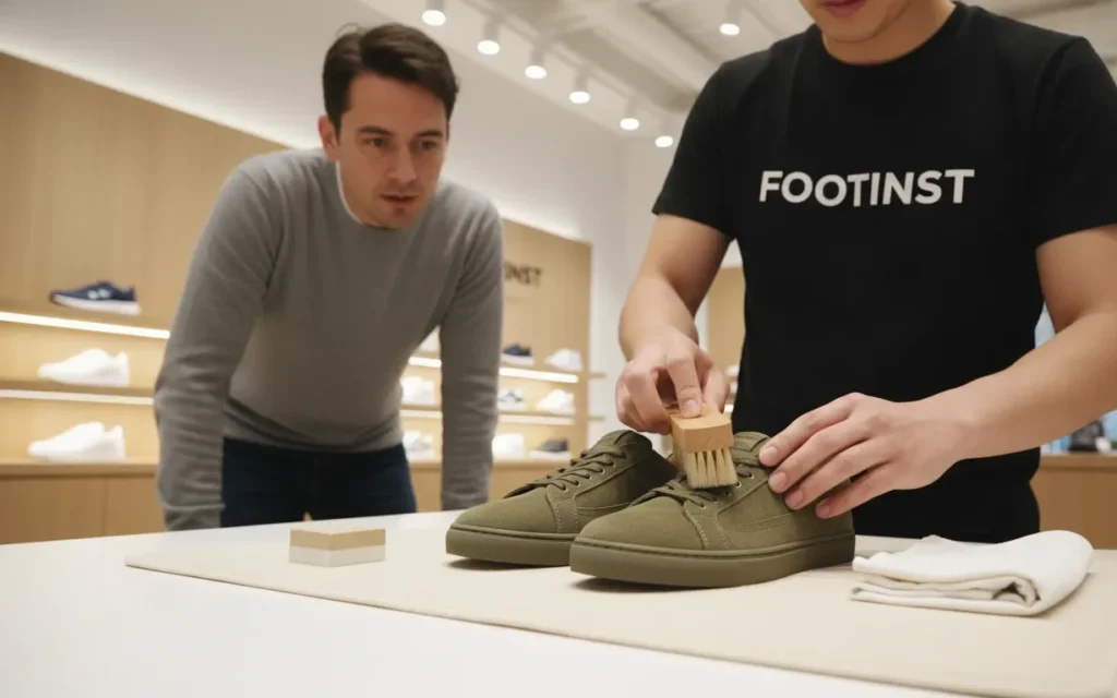 Footinst staff demonstrating safe cleaning of suede shoes using a brush and cloth, showing step-by-step care techniques to a customer.