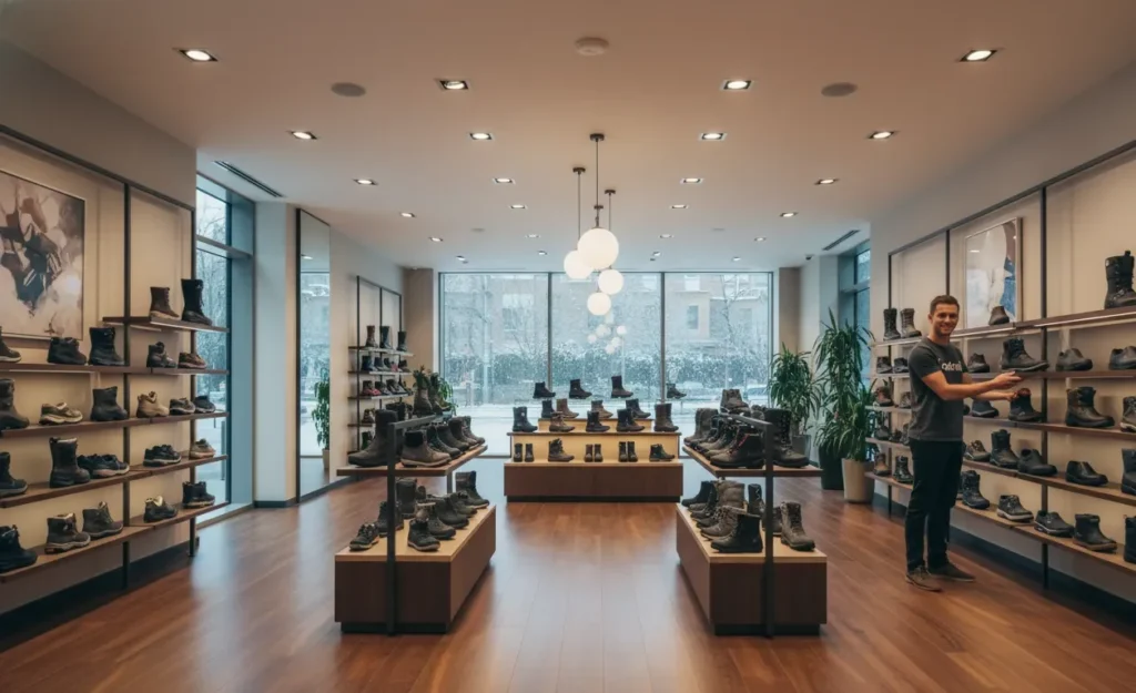 Footinst flagship store interior with a woman footwear expert wearing a Footinst logo t-shirt helping a customer, showcasing men's and women's winter shoes.