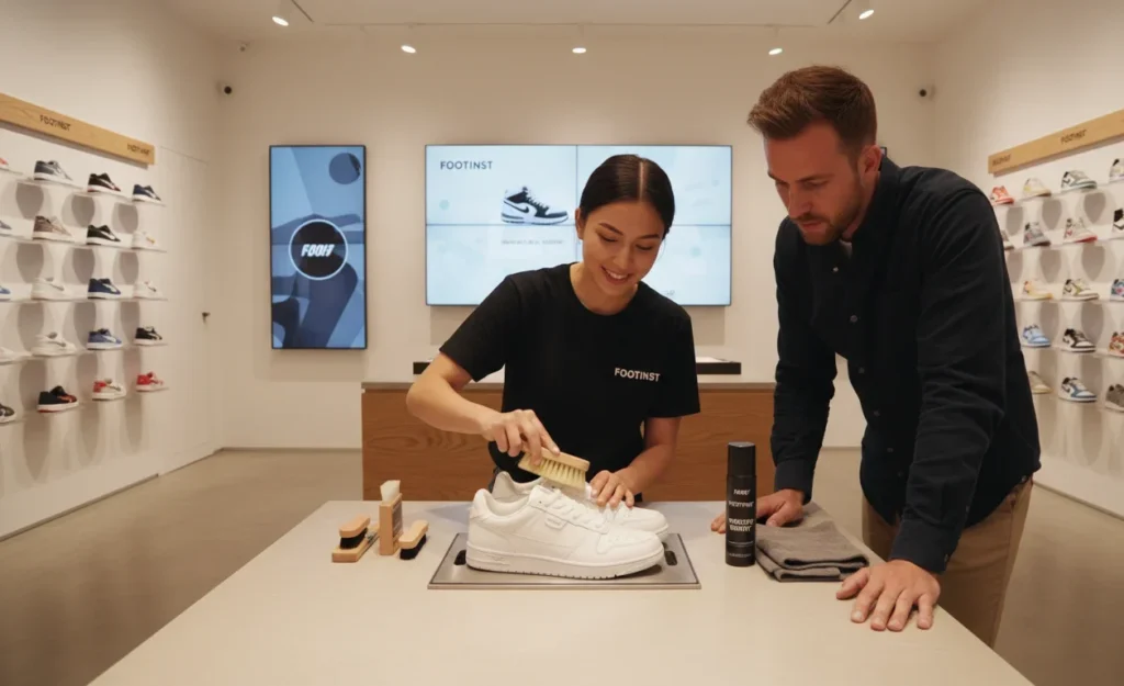 Footinst staff demonstrating how to care for sneakers using cleaning brushes and products to a customer in the flagship store.