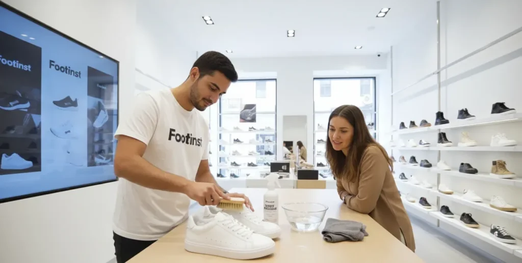 Footinst staff demonstrating safe cleaning of white shoes using brushes and cleaning products to a customer.