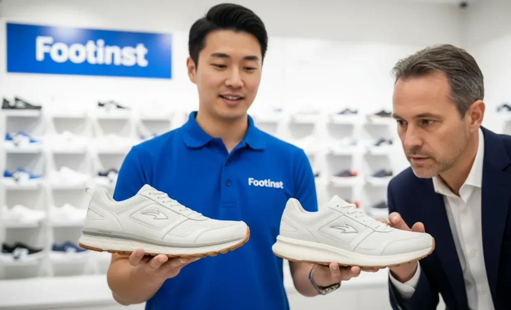 Footinst staff showing a customer how to identify genuine quality shoes versus fake shoes in the flagship store