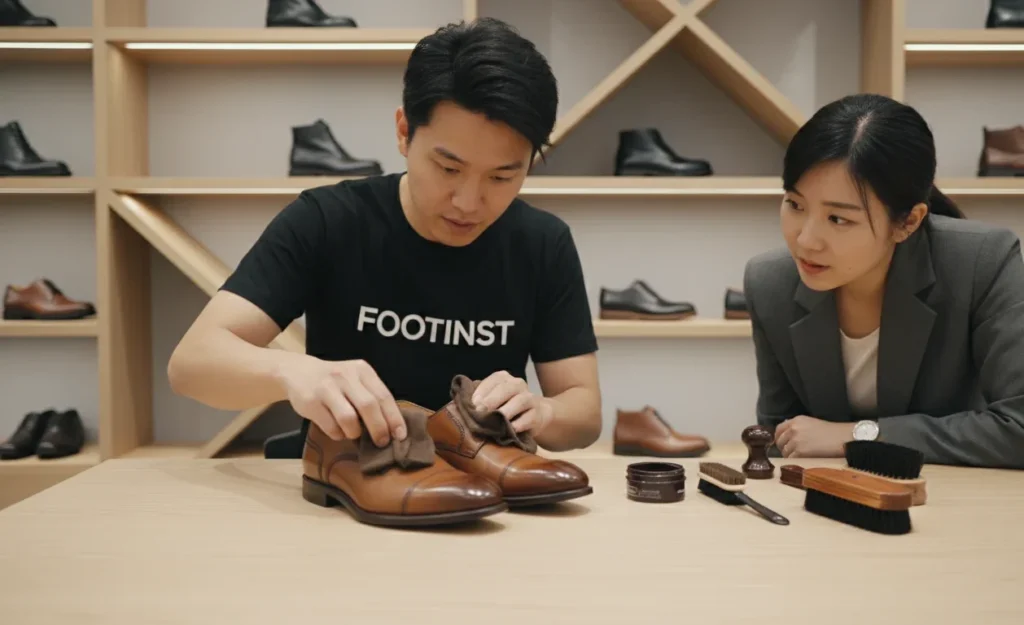 Footinst staff demonstrating proper polishing of formal shoes to a customer in the flagship store.