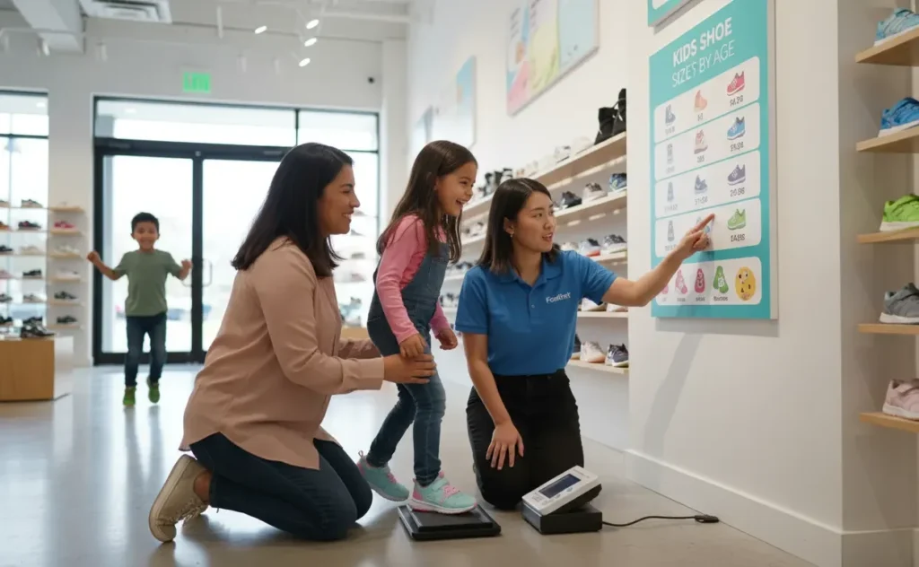 Footinst expert helping parents measure kids shoe size using age chart for perfect fit
