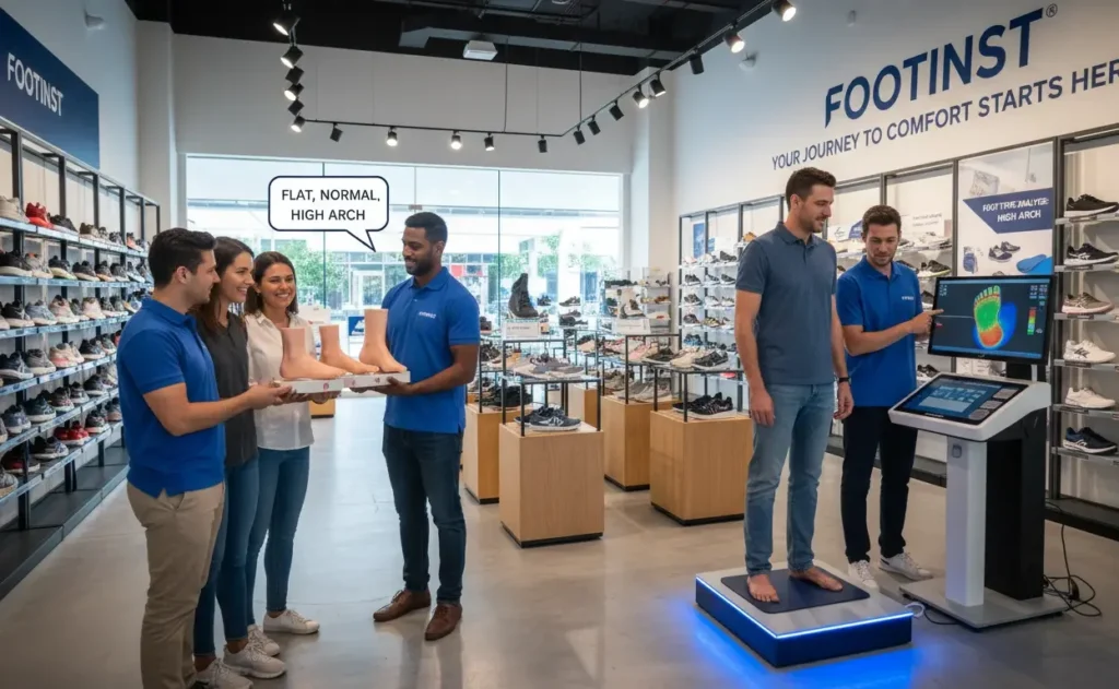 Footinst staff showing flat normal and high arch foot types with suitable shoes and insoles in the flagship store