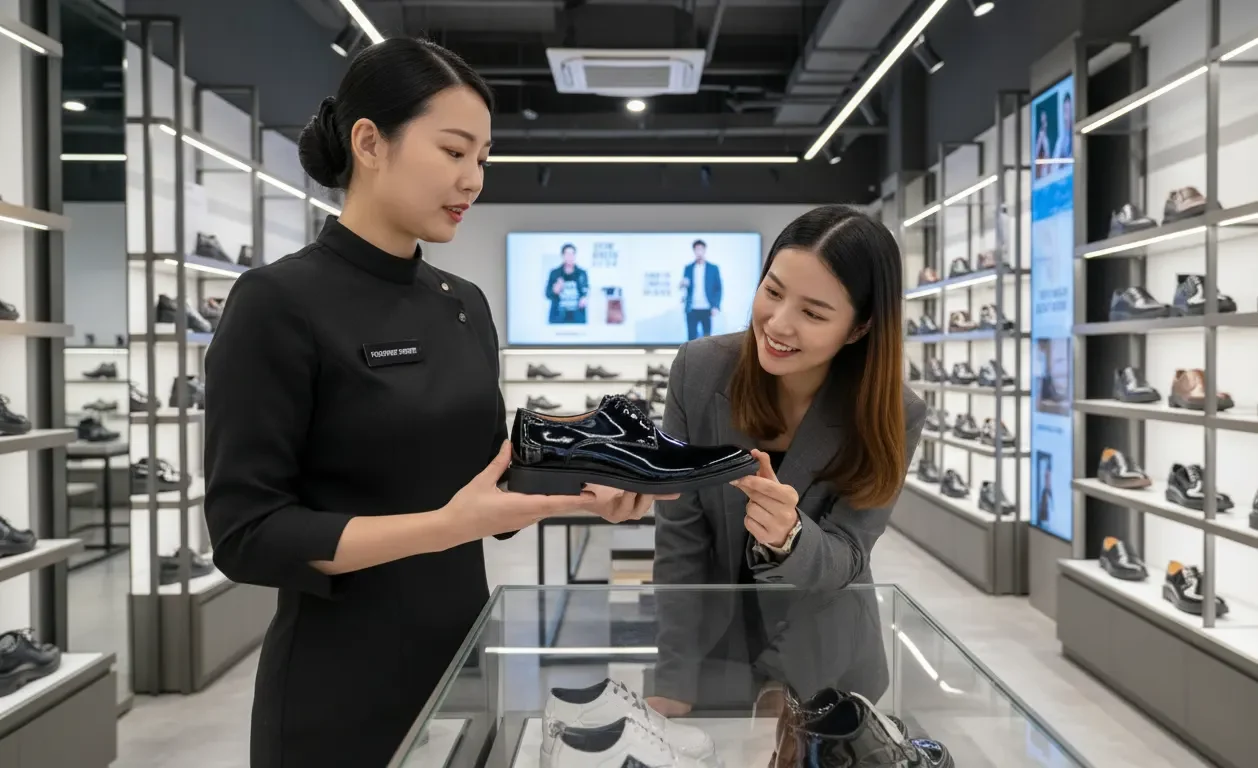 Footinst female staff showing patent leather shoes highlighting glossy finish stylish design and comfort in the flagship store