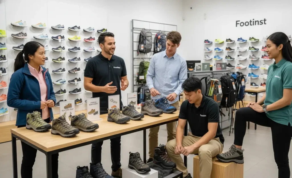Footinst staff showing men’s and women’s hiking shoes with grip ankle support and waterproof features in the flagship store