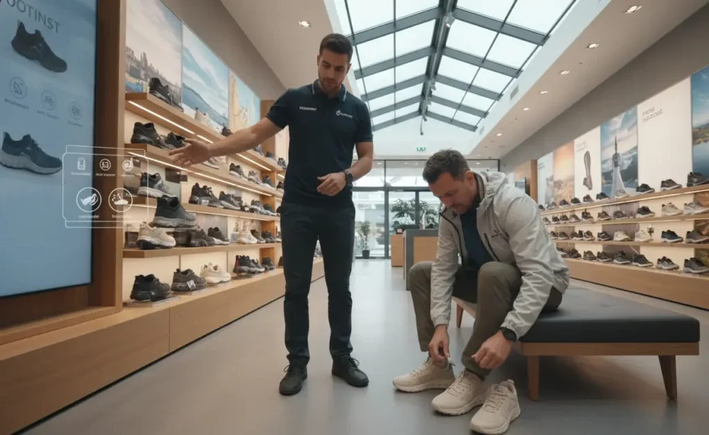 Footinst staff showing men’s travel shoes highlighting comfort arch support and lightweight design