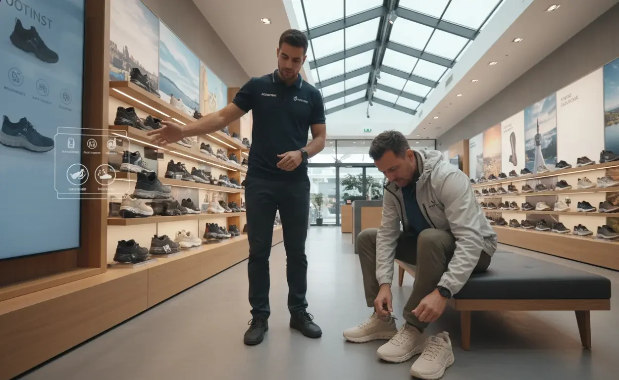 Footinst staff showing men’s travel shoes highlighting comfort arch support and lightweight design