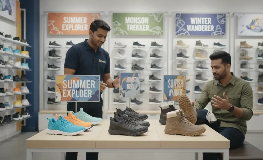 Footinst staff showing a customer seasonal shoes for summer monsoon and winter with expert guidance in the flagship store