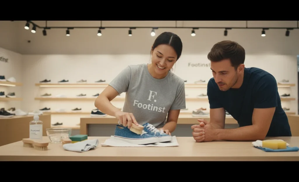 Footinst staff demonstrating safe cleaning of fabric shoes using brushes and cloths to a customer in the flagship store.