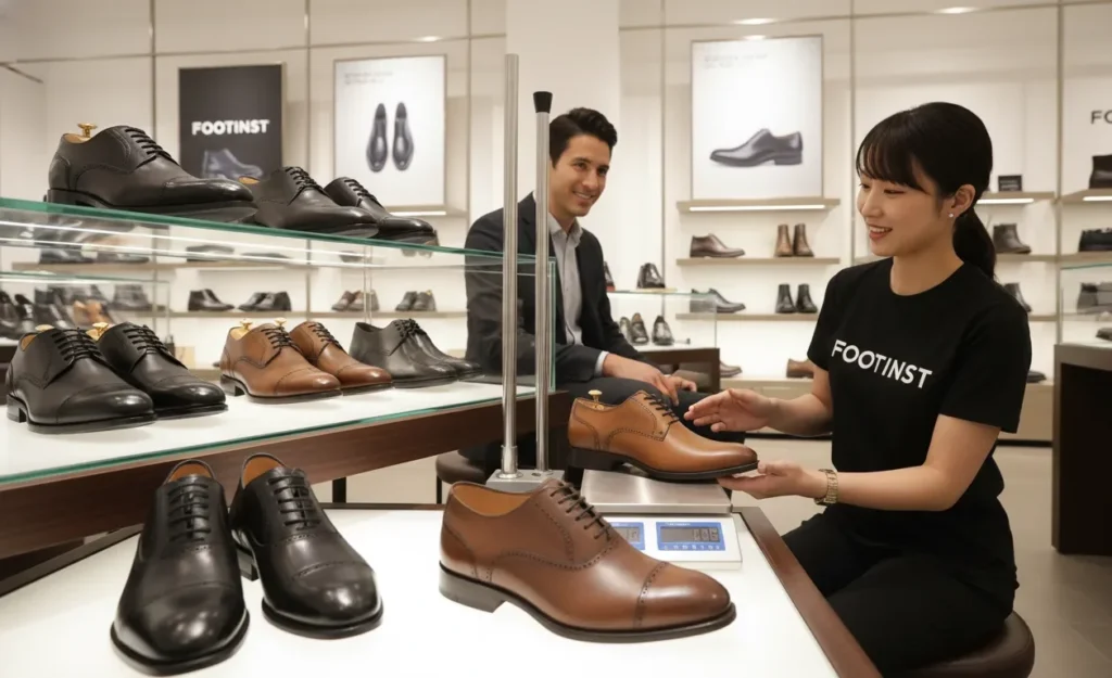 Footinst staff assisting a customer in selecting formal shoes inside the flagship store, highlighting fit, style, and worldwide sizing guidance.