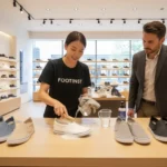 Footinst staff demonstrating which shoes can be safely washed with water to a customer in the flagship store.