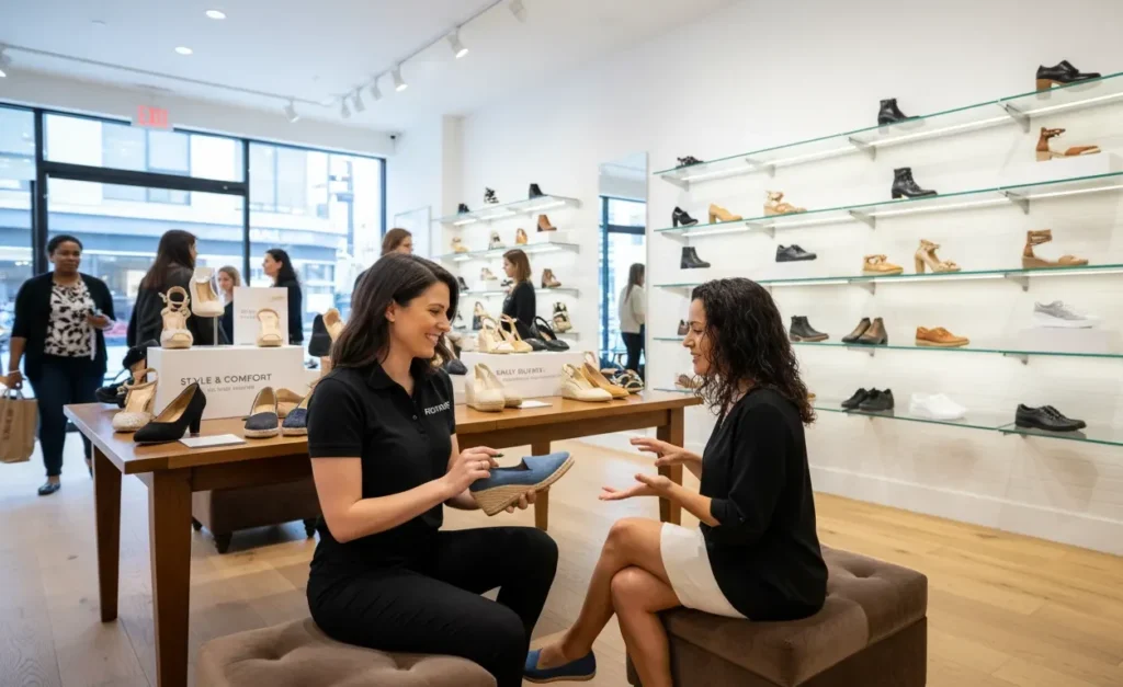 female staff showing women’s heels flats casual and office shoes to a customer in the flagship store
