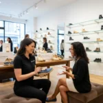 female staff showing women’s heels flats casual and office shoes to a customer in the flagship store