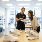 Footinst shoe expert demonstrating breathable summer shoes with mesh upper and lightweight sole inside Footinst flagship store for hot climate comfort