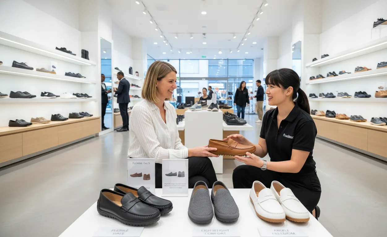 Footinst shoe expert demonstrating comfortable driving shoes and lightweight sneakers ideal for car rides, focusing on flexible soles and pedal-friendly grip.