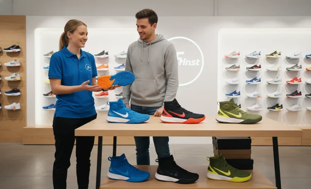 Female Footinst staff expert introducing bucket ball shoes for men to a customer, highlighting sporty design, grip sole, comfort, and durability.
