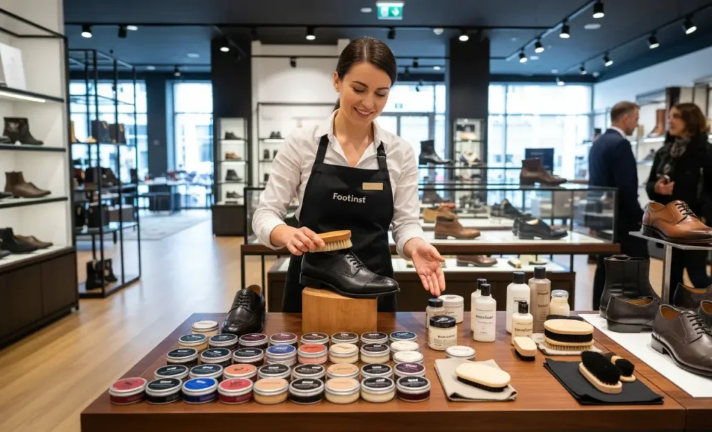 Female Footinst staff expert demonstrating various color shoe polishes for men and women in a flagship store, showing brushes, cloths, and shoes for practical demonstration.