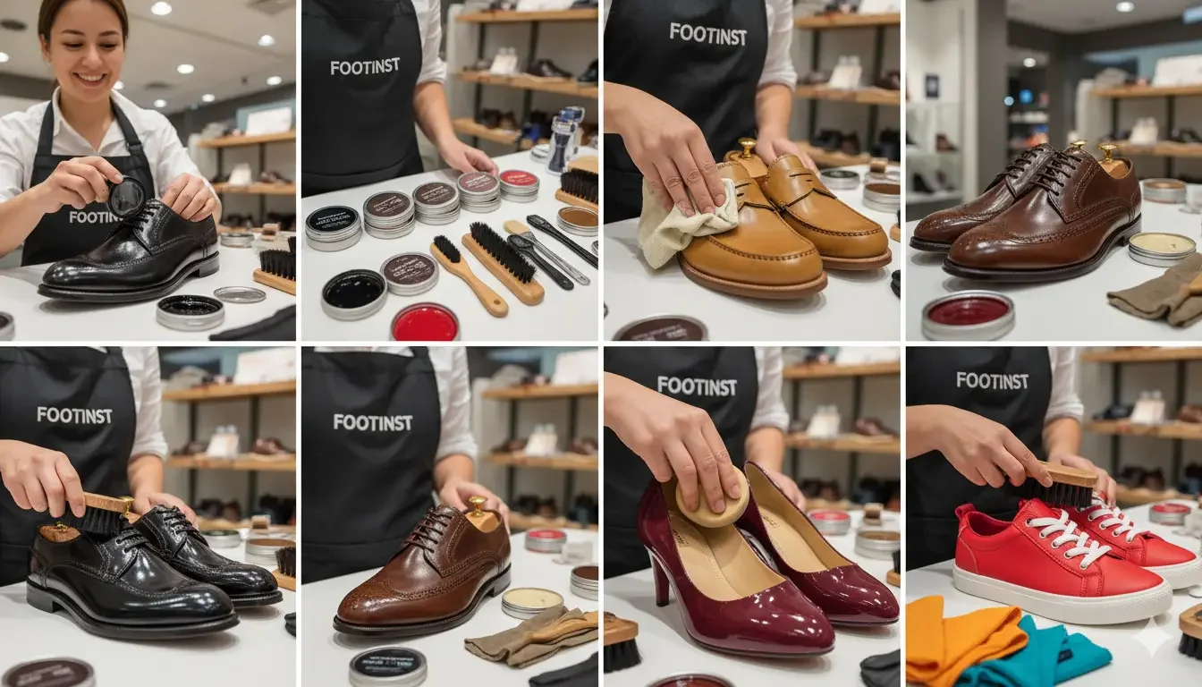 Multi-frame image showing a female Footinst staff expert demonstrating different colors of shoe polish for men and women, with brushes, cloths, shoes, and polish tins arranged in a flagship store.