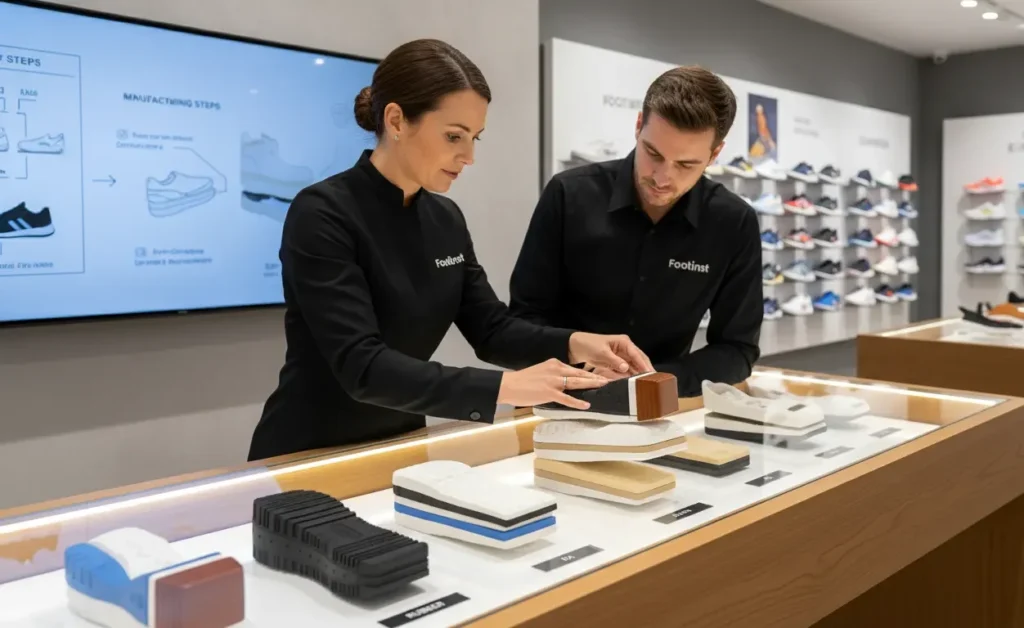 Footinst staff showing shoe sole manufacturing steps with samples of rubber EVA PU and leather layers