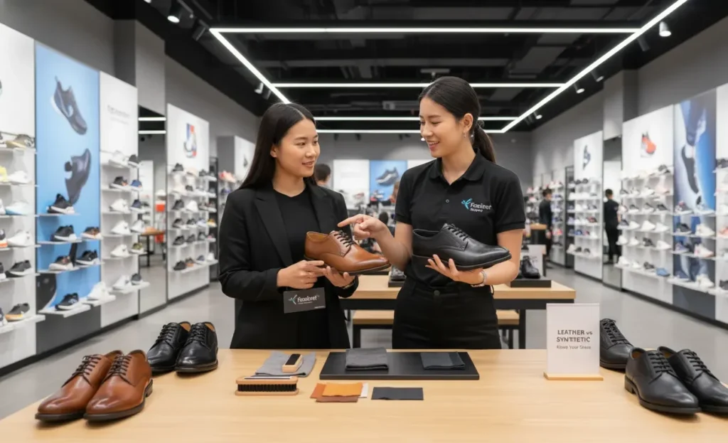 Female Footinst staff expert demonstrating leather and synthetic leather shoes to a customer in a flagship store, highlighting texture, durability, and comfort differences.