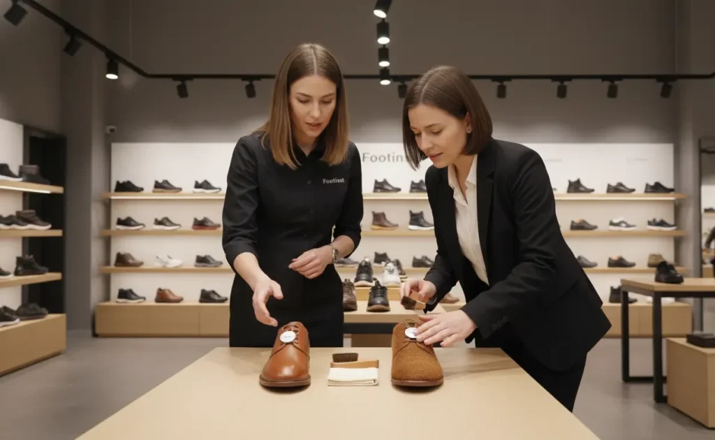 Footinst female staff showing Nubuck and Suede shoes to a customer highlighting texture durability style and care differences
